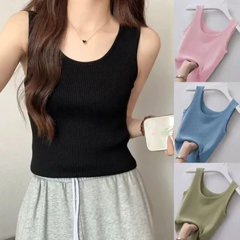 Summer Knit Vest Top Sexy Sleeveless O Neck Women Camisole Pure Color Black White T-shirt Slim Tank Top Casual Plain Tees Tank 1