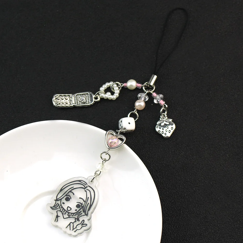 Acrylic Girl Avatar Cell Phone Chain Phone Light Sub Wind Guitar Beaded Pendant Card Book Coo Chain Keychain Bag