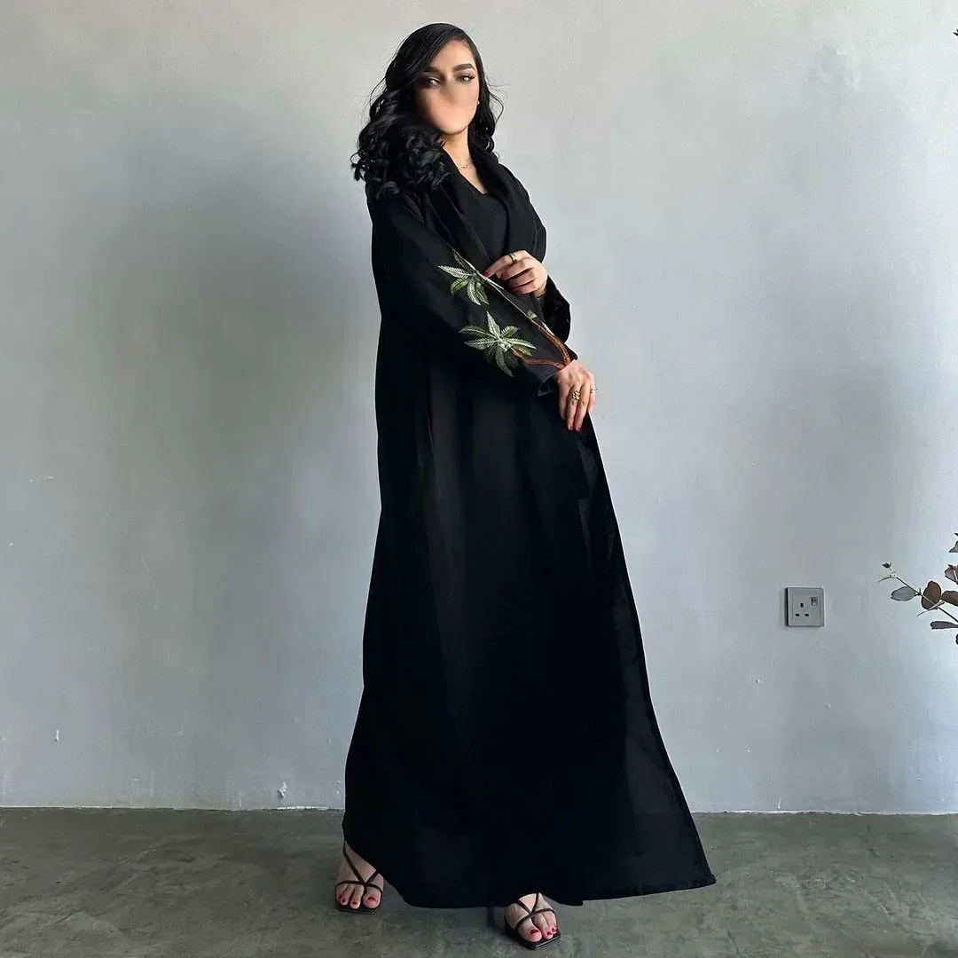 Black Casual Open Kimono Abaya for Muslim Women Ramadan Eid Jalabiya Embroidery Long Sleeve African Moroccan Robe Abayas Women