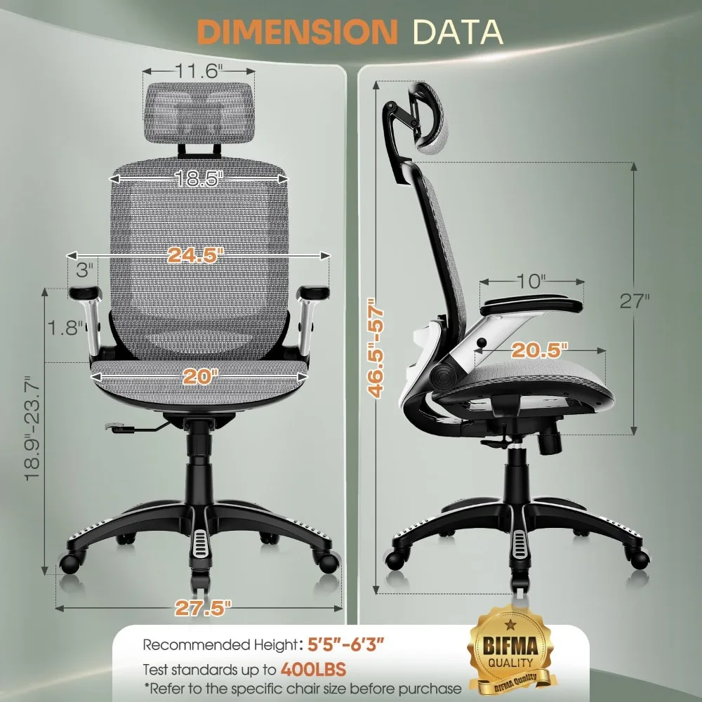 Ergonomic Mesh Office Chair with Headrest, Flip-Up Arms, 90-120° Tilt Lock, Wide Cushion for Big & Tall Users - Grey