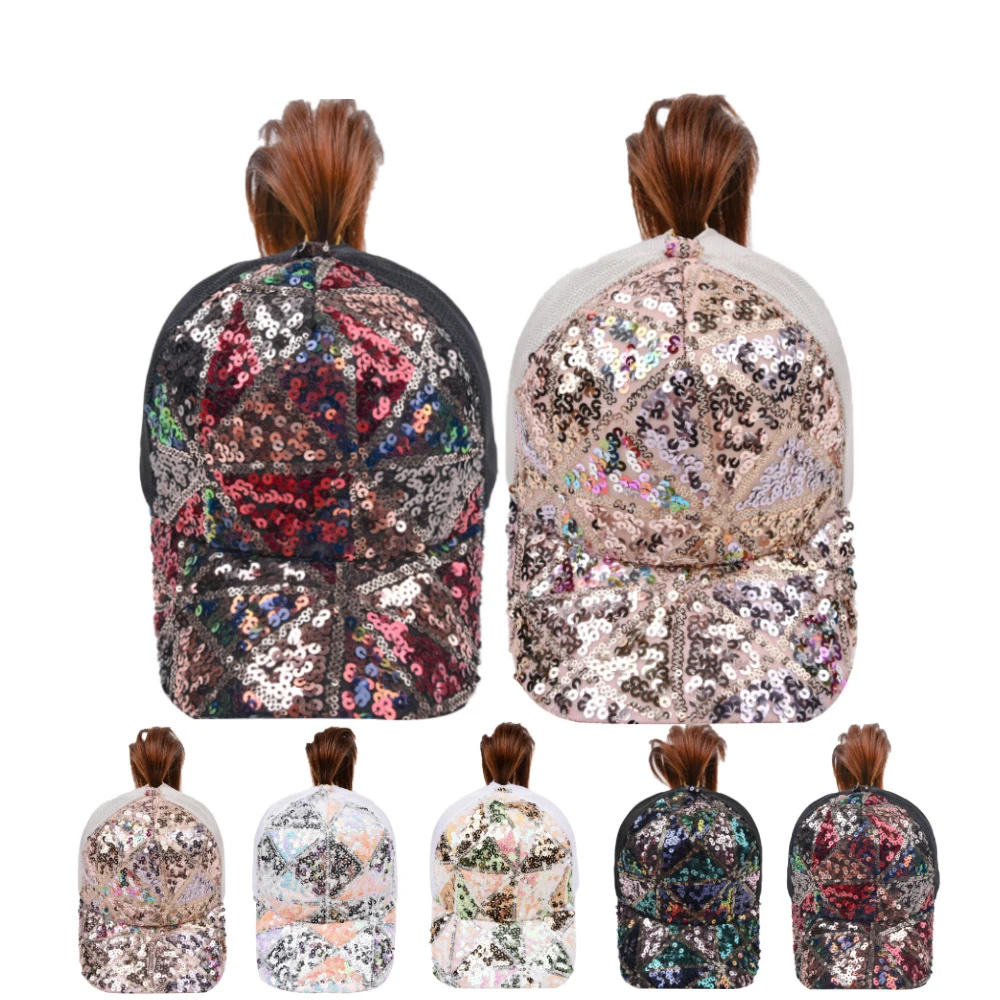 

Women's Glitter Ponytail Baseball Cap Snapback Summer Mesh Sport Sequins Shining Hat Female Hip Hop Hats Casual Bone Casquette