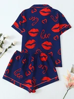 [Saint valentin] Ensemble pyjama 2 pièces avec imprimé lèvres, short à manches courtes, pyjama pour femme, ensemble de vêtements de détente adapté à un usage domestique 2