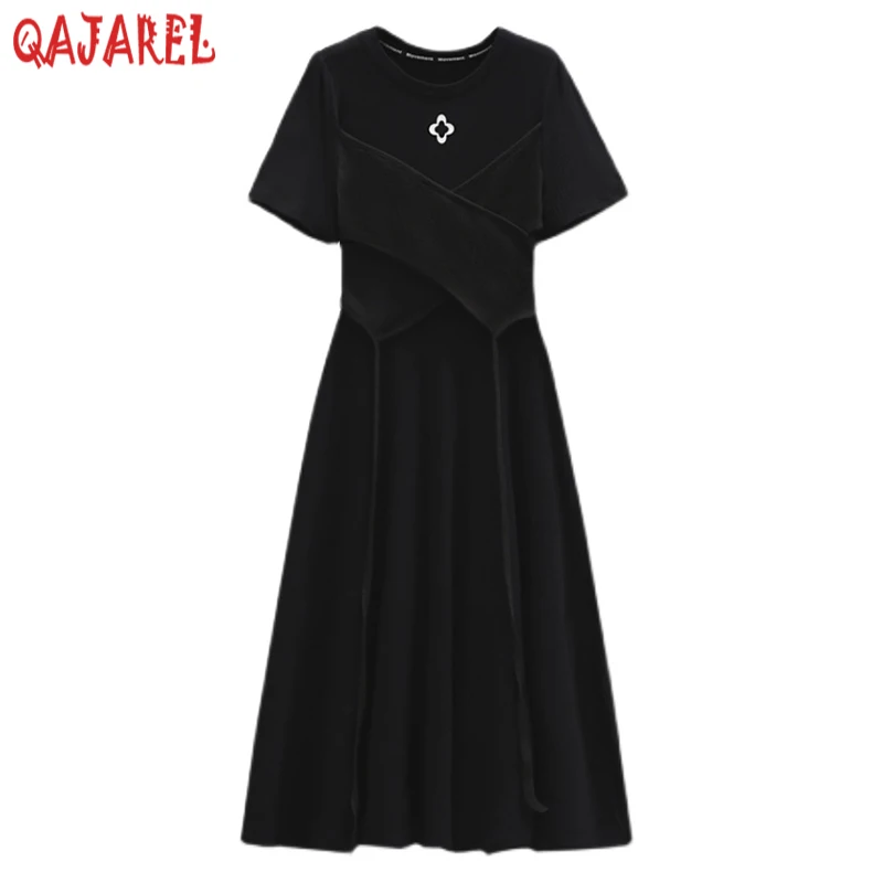 

Summer Black Short Sleeve Patchwork Midi Dress Women Korean Vintage Hepburn Dress 2023 Elegant Bodycon Casaul Party Night Dress