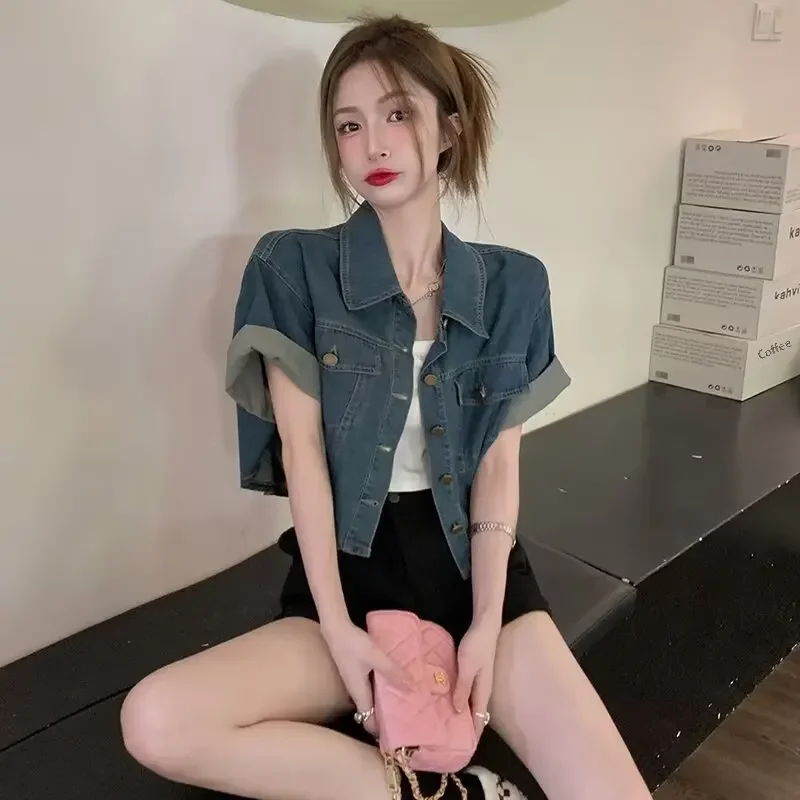 여성용 반팔 데님 재킷 셔츠, 한국 스타일 빈티지 홍콩 스타일 라펠 크롭 디자인, 감각적인 니치 탑, 여름