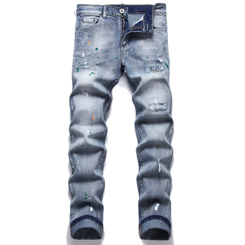 

New trendyol vaqueros hombre salpicadura blue hole Stretch jeans for men slim fit slip trou homme paint Clothes for teenagers