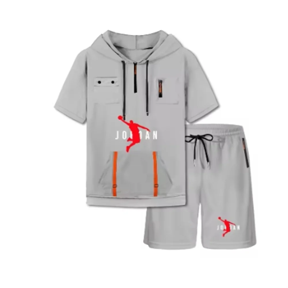2025 Summer Thin Men's Sports Suit 2-piece Set fashion Casual Hooded Quick Dry Running Exercise Clothes Short Sleeve Shorts suit 4