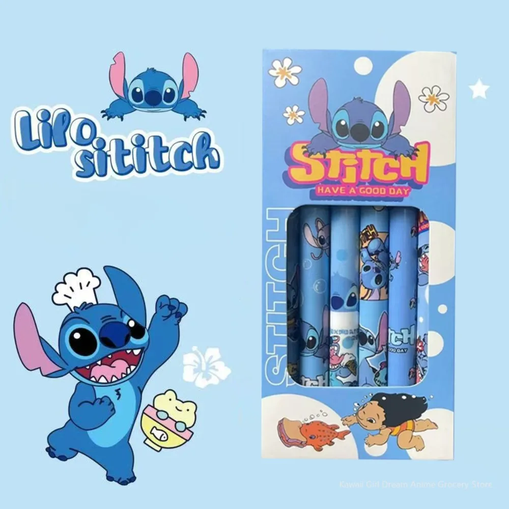 Disney Stitch 6Pcs Needle Type Gel Pens Straight Liquid Ballpoint Pen Stationery School Office Supplies Writing