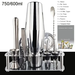 12pcs 750/600ml Shakers Bar Tools Bartender Kit Cocktail Shaker Set Bar Wine Mixer With Transparent Stand Cocktail Recipe