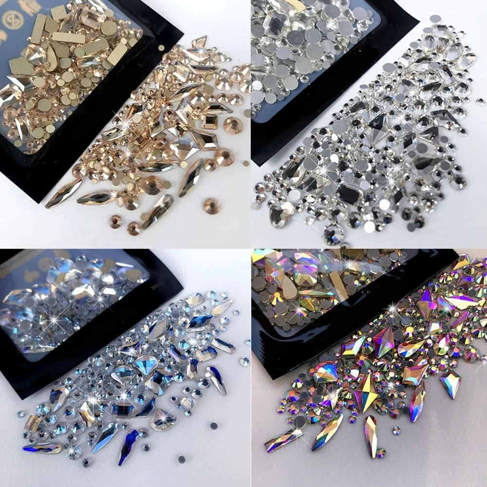 AB/Clear Flatback Mixed-Shaped Round Nail Art Charms Aurora Sparkly Gold/Red Rhinestones Xmas Manicure Decor Gems Diamonds 1Bag nail art rhinestones