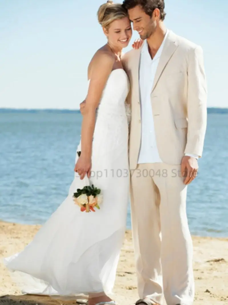 Beige Linen Men's Slim Fit Suit Notch Lapel Two Buttons Blazer And Pants Set for Groom Tuxedos Wedding Prom Beach Summer 2 Piece