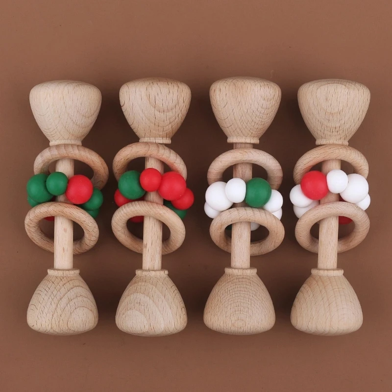1pc Baby Teether Toys Beech Wood Baby Rattle BPA Free Rodent Silicone Beads Music Rattle Newborn Play Gym Educational Toys