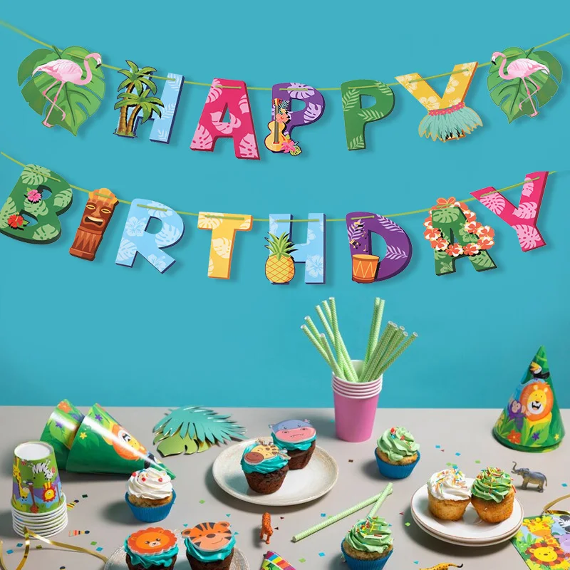 Hawaiian Party Decoration Happy Birthday Garland Cartoon Flamingo Pineapple
