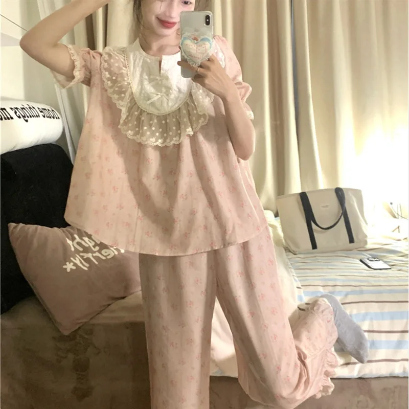Summer Woman Sweet Kawaii Pajama Set Floral Lace Fashion Shorts Short Sleeves Loungewear Korean Style Long Pants Pajamas Clothes