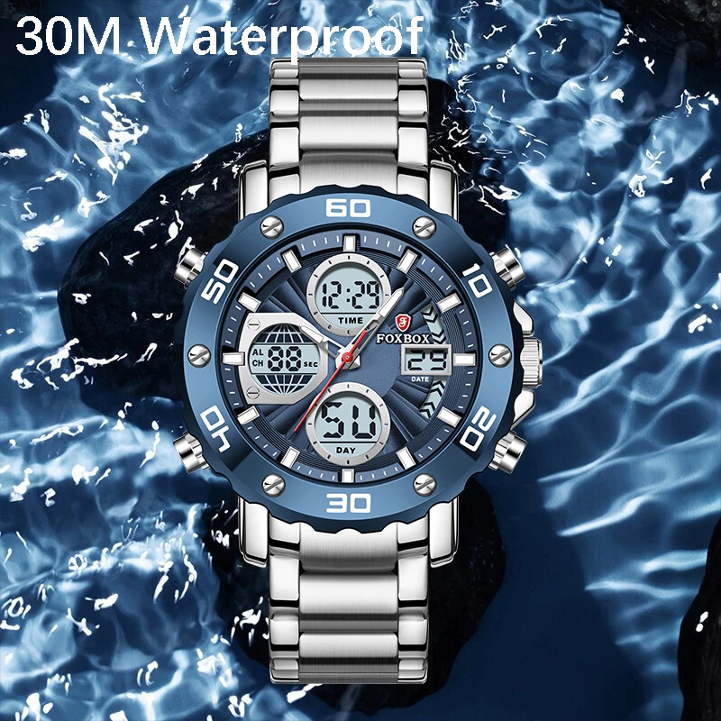LIGE 2024 New Fashionable Style Dual Time Display LCD Digital Analog Quartz Mens Watches Luminous Water Resistant Man Wristwatch