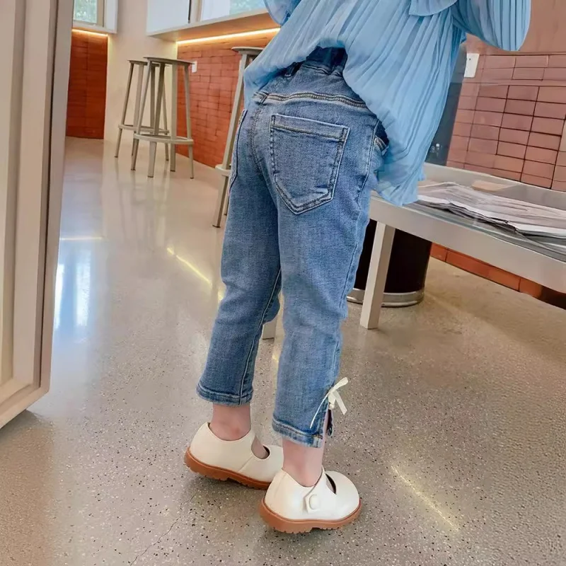 

New Casual Loose Spring Slimming Girls' Hem Slit Ribbon Pearl JeansWS