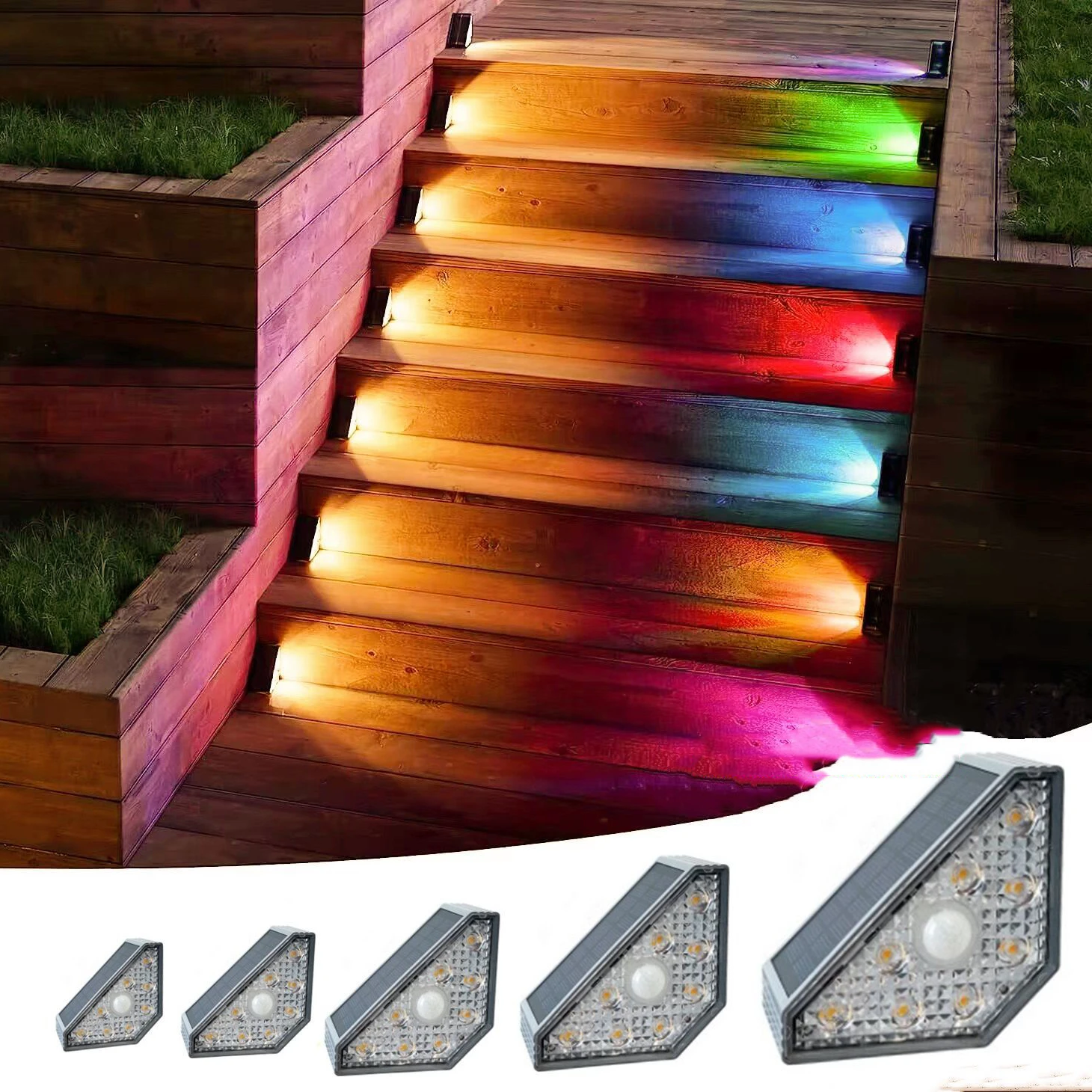 solar led stair light with motion sensor outdoor step 3 mode lighting ip67 decorative light for patio garden solar panel lamps Solar LED Stair Light with Motion Sensor LED Step 3 Mode RGB Lighting IP67 Decorative Light for Patio Garden Solar Panel Lamps