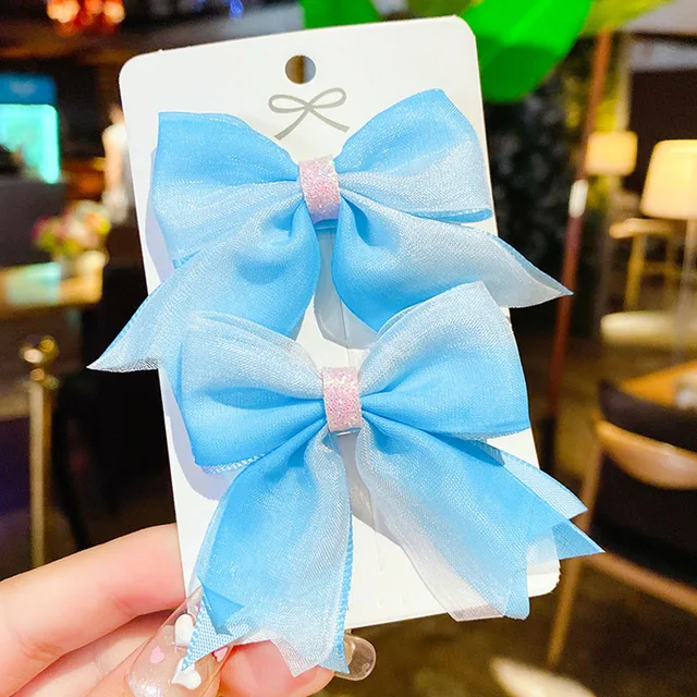 2022 New Bow Headgear Cute Sweet Little Girl Hair Accessories Summer Girls Net Red Clips Baby Hairpins Children Hair Clips Gifts Blue 02