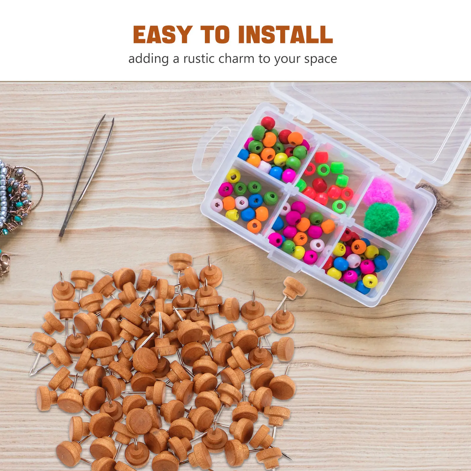 100개 나무 압정 못, 플랫 헤드 천연 나무 푸시핀, 게시판, 사진 벽, DIY 코르크 보드, 공예, 사무용품