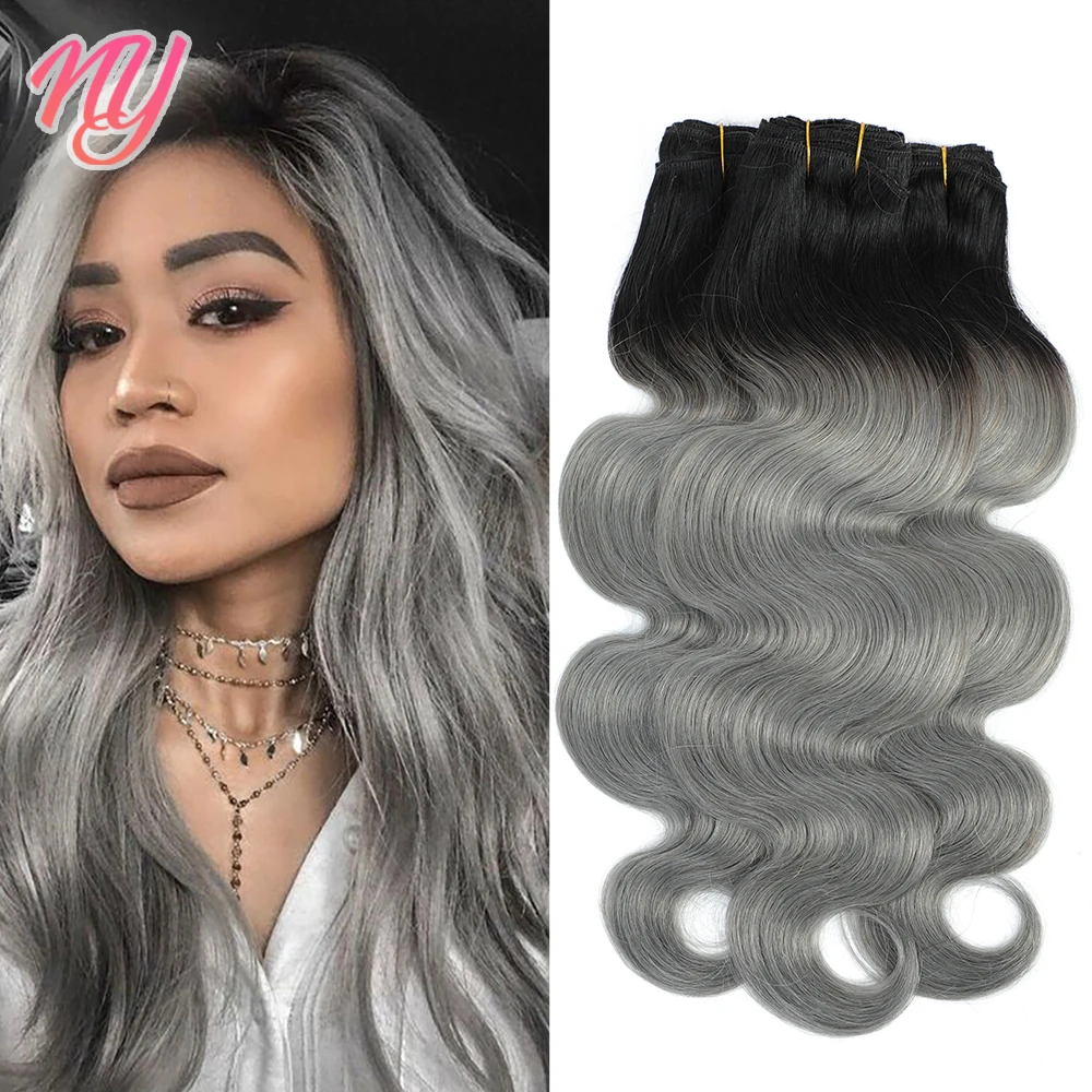 

NY Hair 1B/Grey Body Wave пряди естественный цвет Омбре и серые Человеческие волосы Remy пряди темные корни накладки для седых волос
