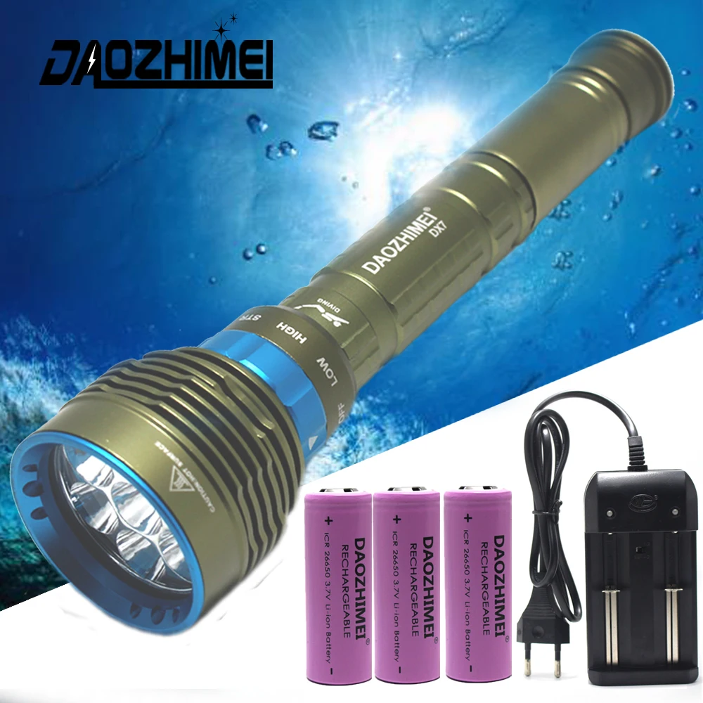 

8000 lumen led Diving flashlight 7* XML T6 L2 dive headlights 3 Modes Underwater Waterproof Light 26650 Scuba Hunting Light