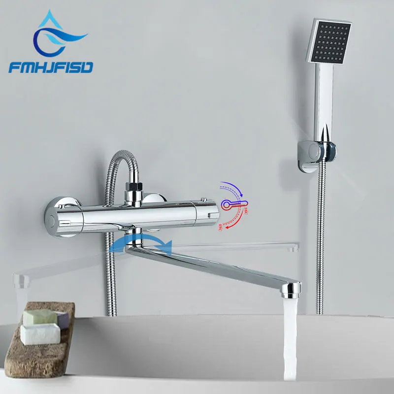 ก๊อกอ่างอาบน้ำแบบควบคุมอุณหภูมิได้ก๊อกน้ำโครเมียมผสมวาล์วติดผนังก๊อกน้ำอ่างอาบน้ำพร้อมที่จับ 1