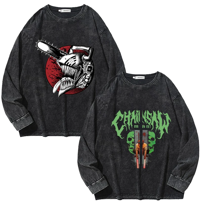 

Anime Pullover Chainsaw Man Men's Vintage Washed Long Sleeve Unisex Crew Neck Sweatshirt Japanese Street Hip Hop Casual Style