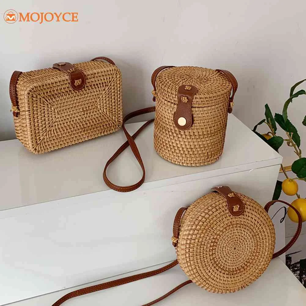 Straw Bags Women Summer Beach Handwoven Shoulder Crossbody Bag Rattan