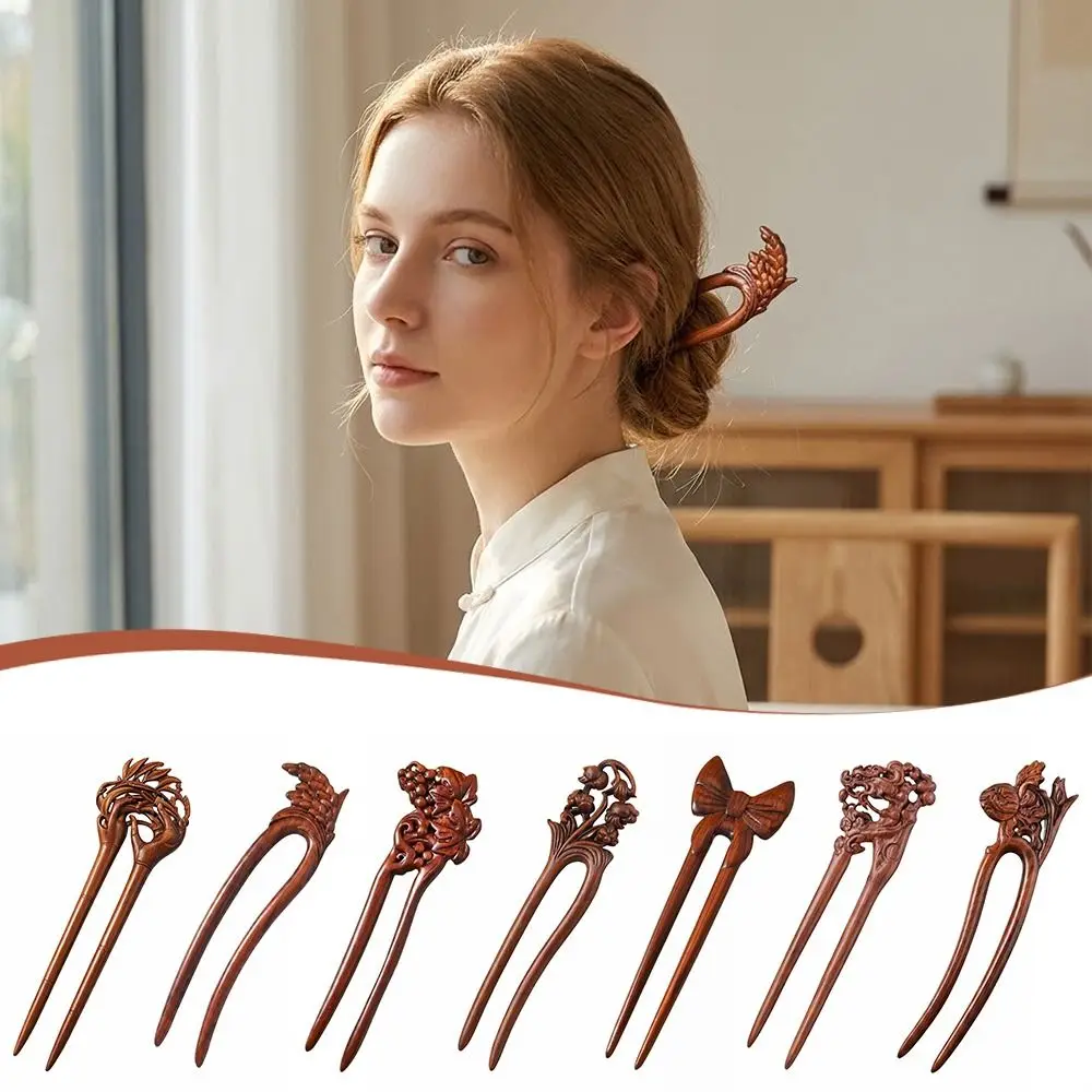 Elegant Wooden U-Shaped Carved Flower Hair Fork Headwear