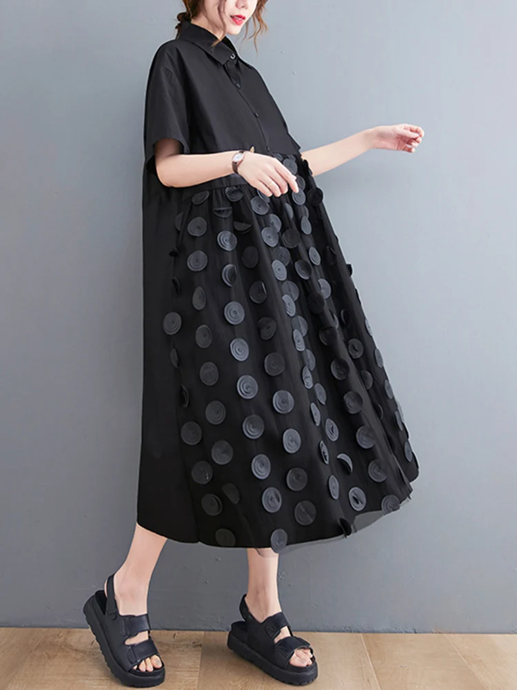 Black Mesh Spliced Polka Dot Summer Shirt Dress Women New Short Sleeve Loose Casual Fashion Long Dress Elegant Clothes 2025