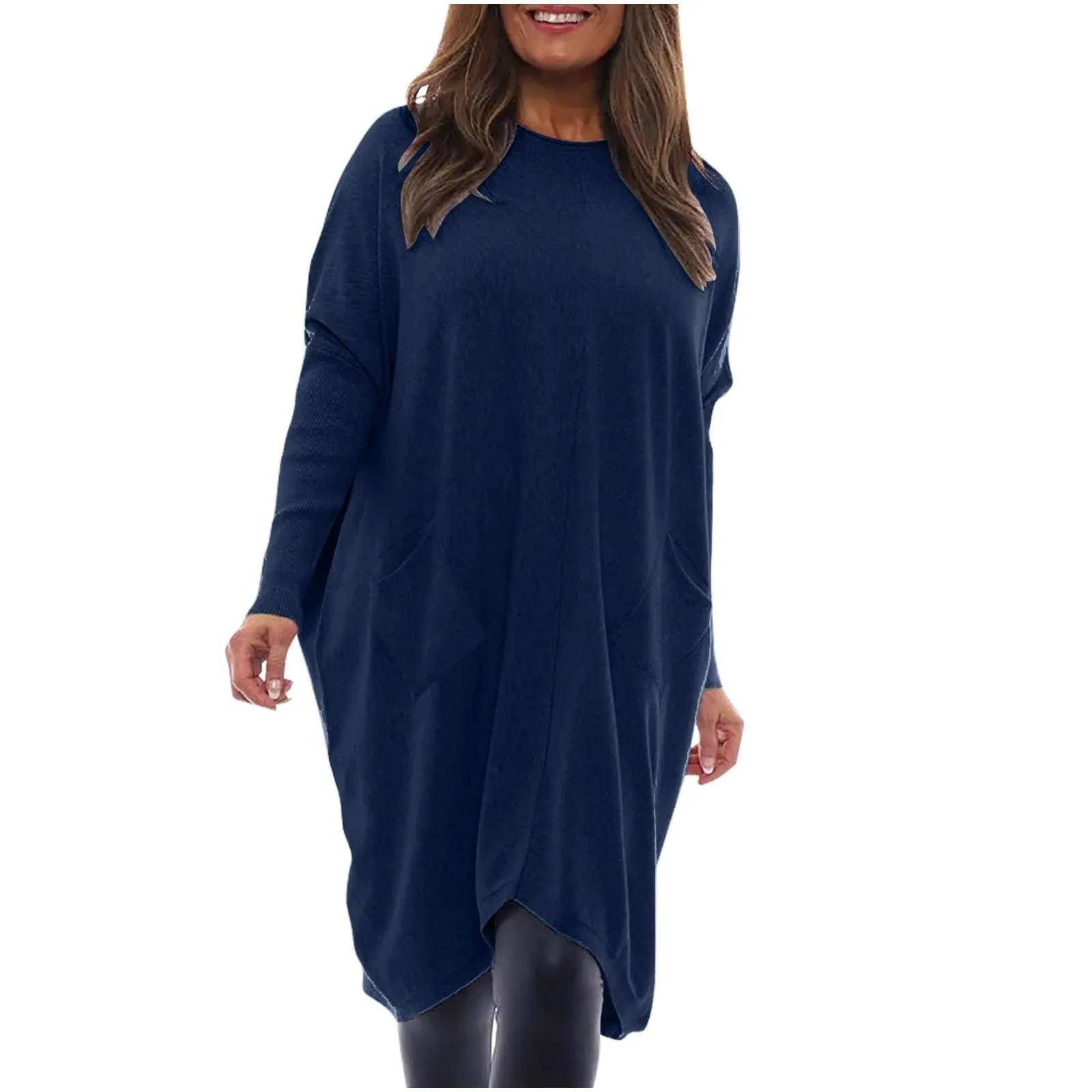 

Women's Casual Long Sleeve Loose Round Neck Women's skirts Solid Color Pocket Casual Dress A-Line Skirt faldas 롱스커트
