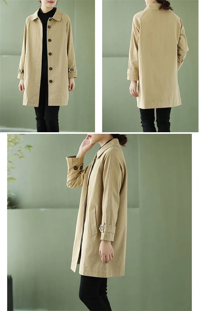 Washed Cotton Trench Coat Women's Spring Autumn Korean Loose Windbreaker Coat Casual Mid-Length Single-Breasted Khaki Outerwear bubble coat women