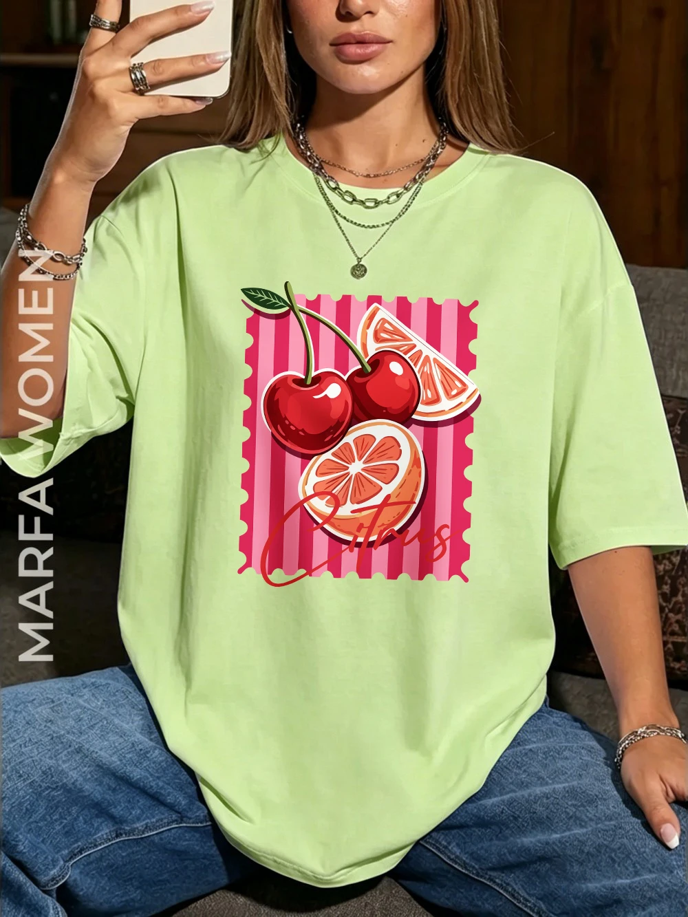 Red Cherry Citrus Print Oversized Cotton Women's Summer Top - Casual Soft O-Neck Short Sleeve T-Shirt