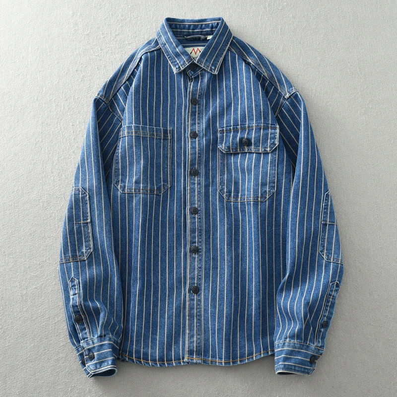 Heavy vintage washed vertical stripe denim shirt men's loose size cotton long sleeve shirt jacket