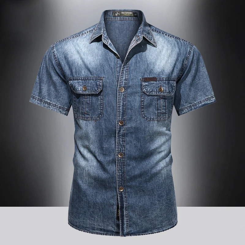 Denim shirt men pure cotton short sleeved American loose fitting workwear ice silk quick drying casual versatile