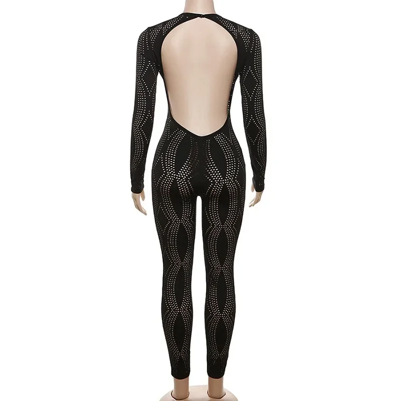 Soild Hollow Out Hole See Through Jumpsuit for Women Hot Girl 2023 Autumn Fashion Sexy Long Sleeve High Waist Tight Slim Romper