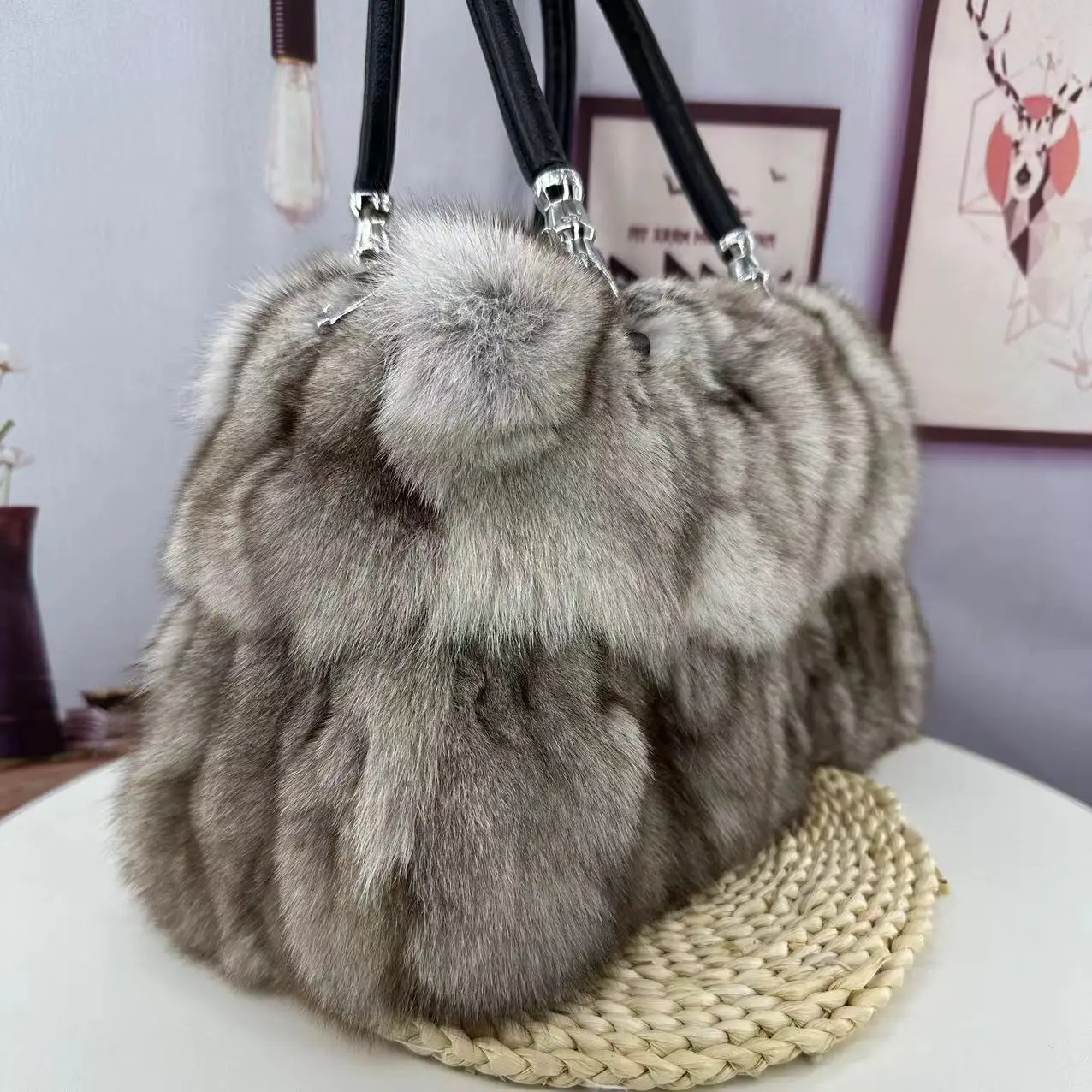 Large Capacity Genuine Fox Fur Tote Bag Versatile Handbag For Commuter Luxury Designer Plush Bags Women's Bag Shopping Bags