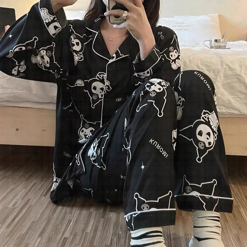 

Милая Черная Пижама Sanrio с героями мультфильмов Kuromi Mymelody для девушек весна-осень с длинным рукавом новый узор для студенческого общежития зимний комплект