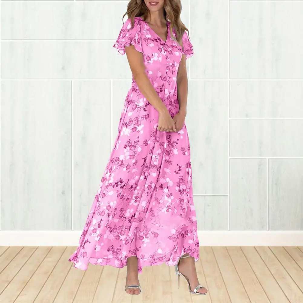 

Women's Resort Dress V Neck High Waist Ruffle Flower Print Short Sleeve A Line Loose Summer Women's Beach Maxi Dress