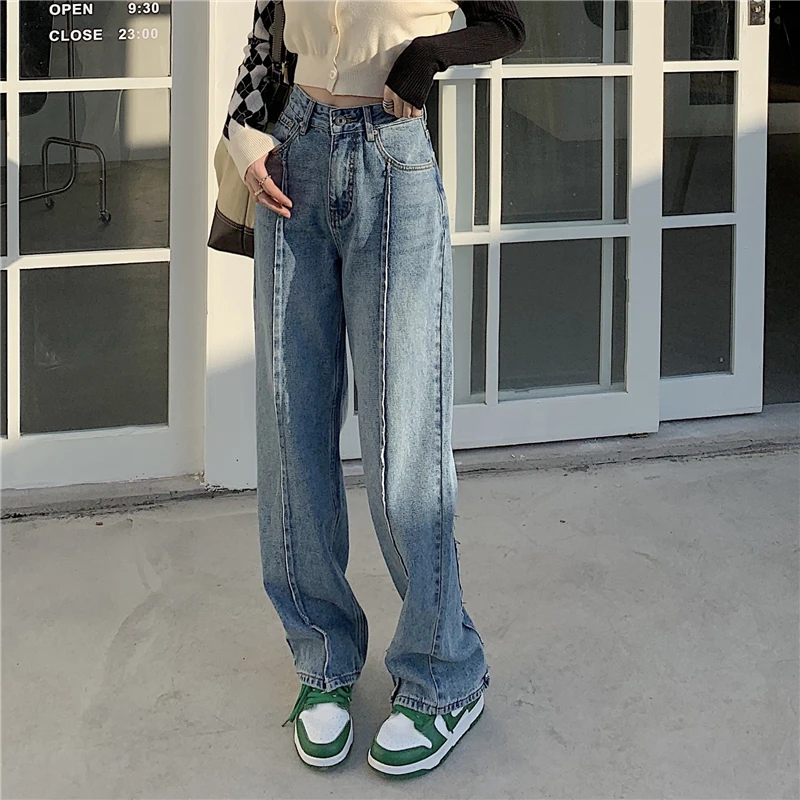 stacked jeans High Waist Wide Leg Jeans Women's Summer New Straight Slimming Loose Stitching Light Color Draping Effect Mop Pants  Denim flare jeans Jeans