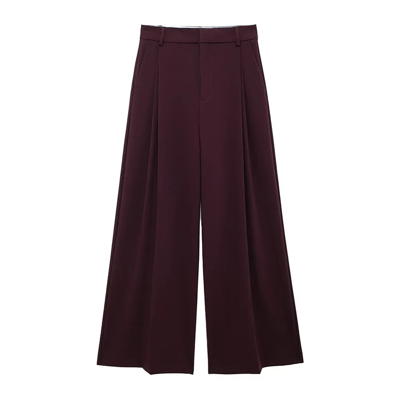 thumbnail image 1 of HH TRAF 2024 Conjunto de mujer vino tinto escote en V sin mangas blusa de un solo pecho + pantalones largos de cintura alta con cremallera trajes de otoño mujer moda, 1 of 5
