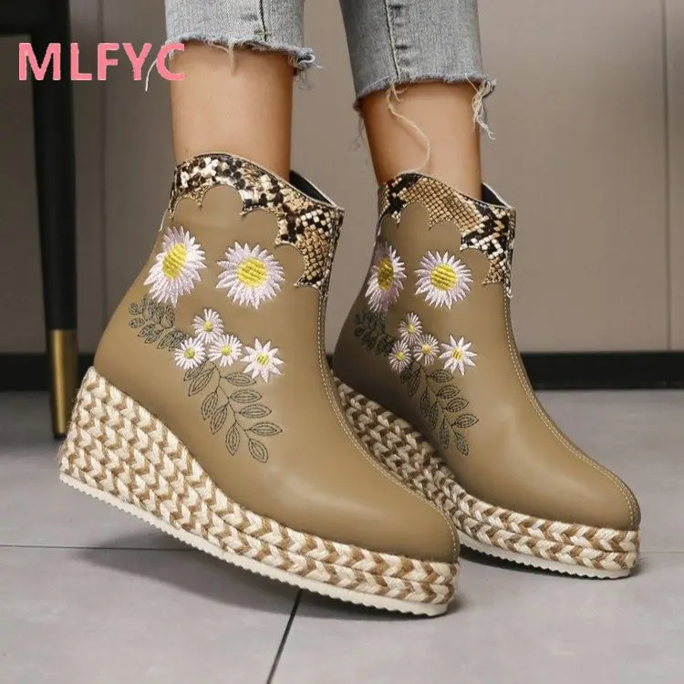Ethnic style women's shoes embroidered ladies waterproof platform embroidered boots high heels sloping heels short boots