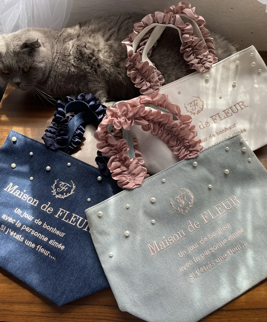 Japanese Style All-Matching Denim Pleated Handle Canvas Bento Picnic Lunch Bag Student Women's Portable Handbag Small Totes