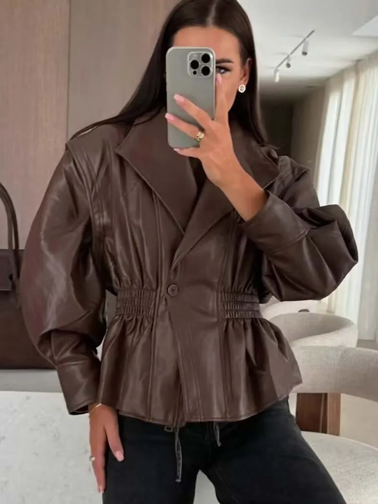 Women Vintage Leather Jacket 2025 Autumn New Fashion Long Sleeve Waist-Cinching Coat  Female High Street Long Sleeve New Jackets