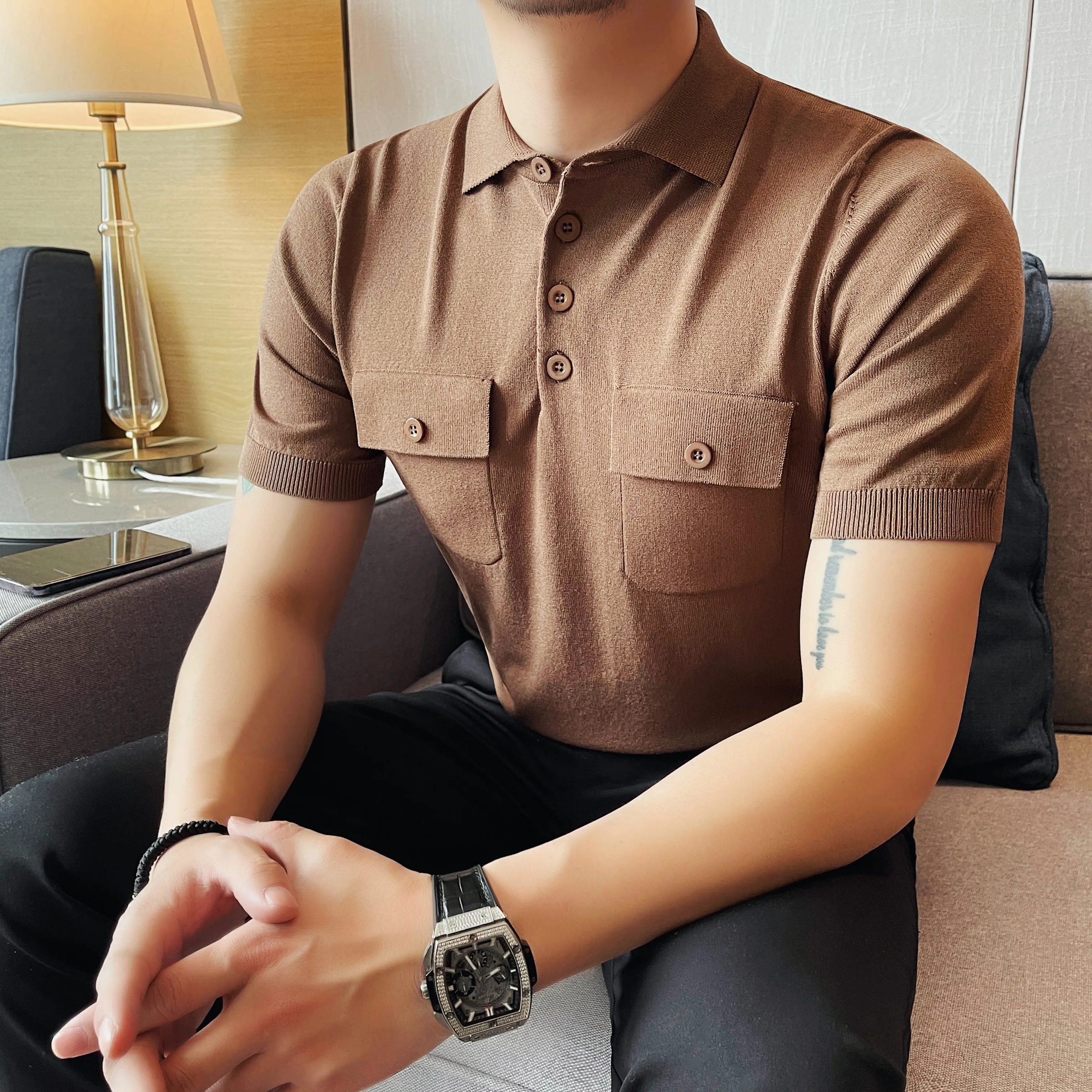 Polo T Shirt Man Summer Fashion Double Pockets Design Short