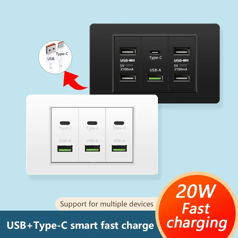 tipo c Porta Usb Tomada de Parede Quick Charge Tomada Elétrica Coréia e Chile Padrão Super Fast Charge 20w 118*73 Milímetros
