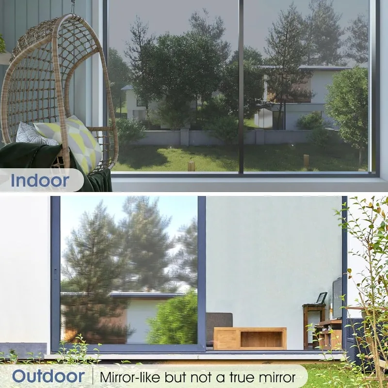 Silver Reflective Daytime Privacy Glass Film - Heat Control & Sun Blocking, Non-Adhesive Static Cling