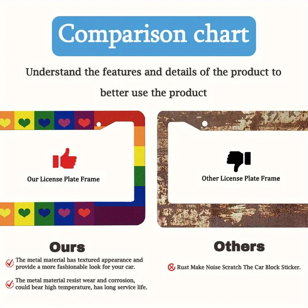 2개 LGBT 무지개 하트 번호판 프레임 무지개 하트 번호판 프레임 자동차 번호판 홀더 알루미늄 다채로운 디자인