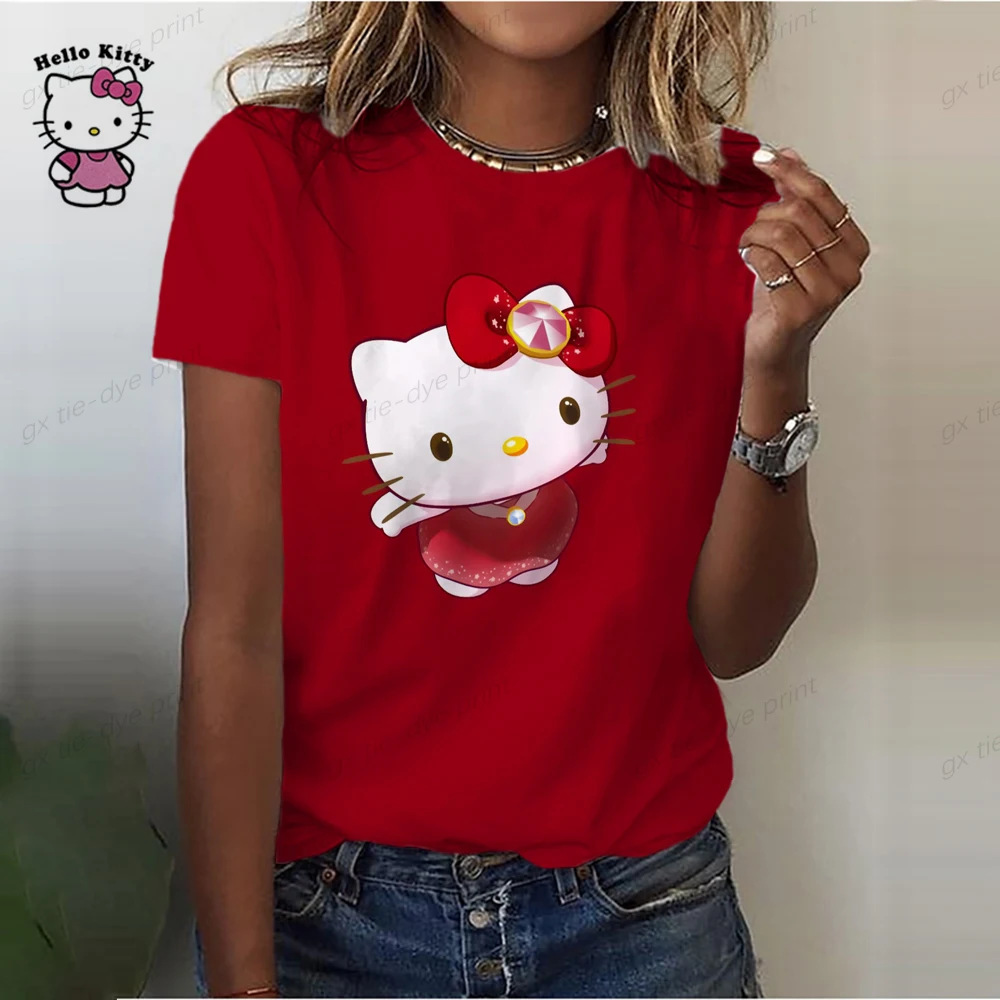 thumbnail image 1 of Camiseta de manga corta informal para mujer, con estampado de dibujos animados de Hello Kitty, para verano, 1 of 5