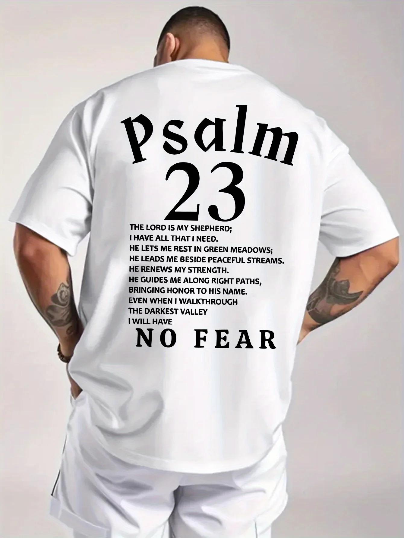 Retro-T-Shirt mit Textgrafik „Psalm 23 No Fear“ und kräftiger Typografie, 100 % Baumwolle, Herren-T-Shirt, Sommer, urbaner Streetwear, lässige neutrale Kleidung