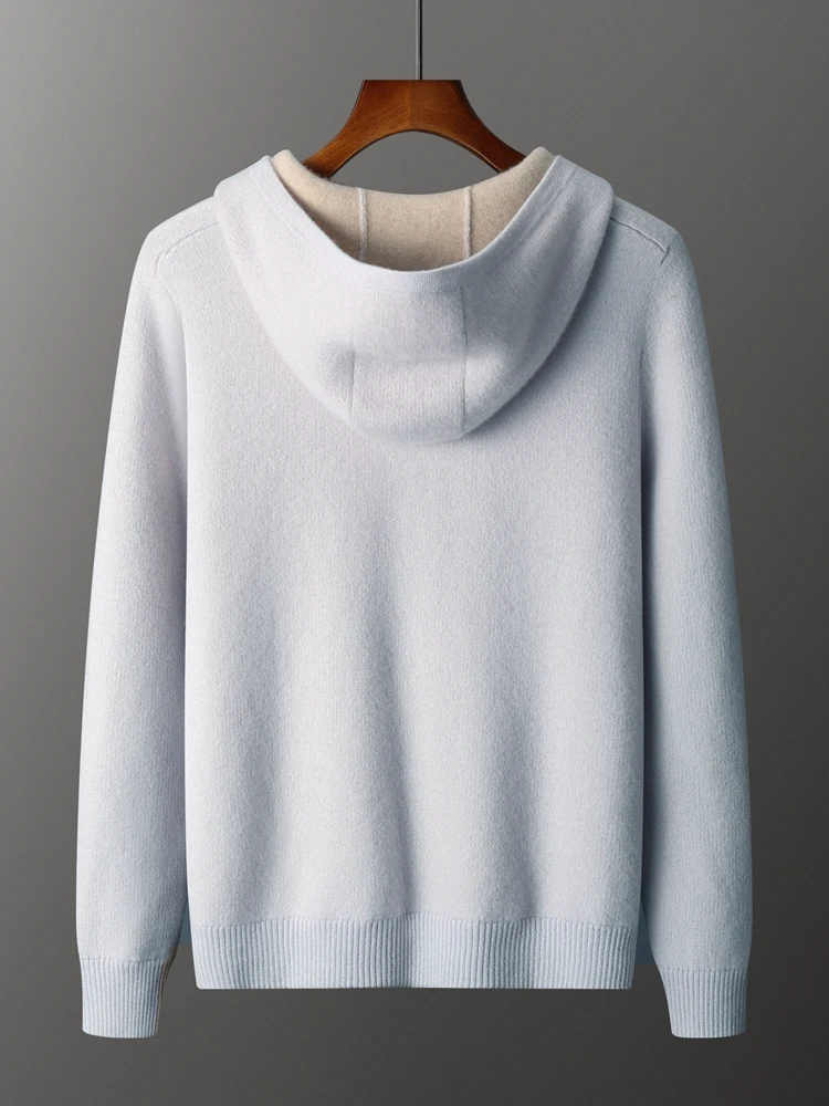 Men's Zipper Jacquard Hooded Cardigan Light Luxury 100% Cashmere Sweater Autumn Winter Casual Coat Knitwear Comfortable Tops 2